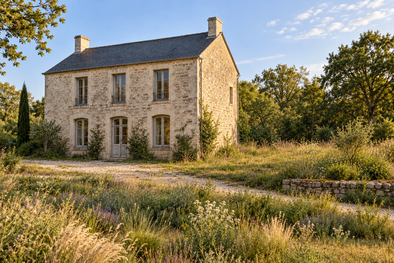 Avant : la même maison en pierre, sans extension et avec un jardin non aménagé