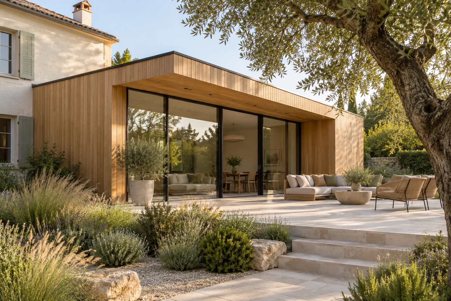 Extension contemporaine en bois largement ouverte sur le jardin