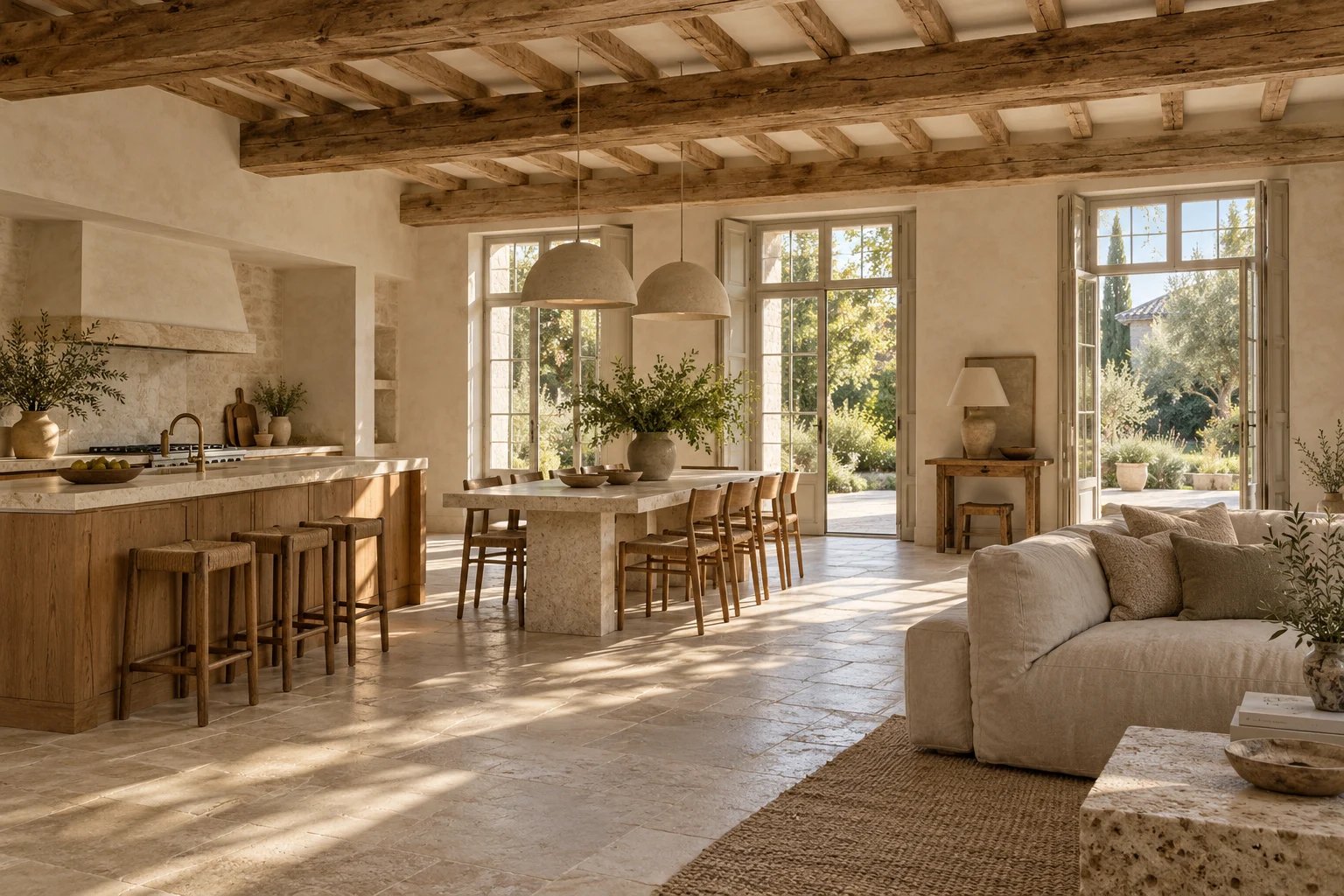 Cuisine, salle à manger et salon réunis dans un intérieur lumineux aux matériaux naturels